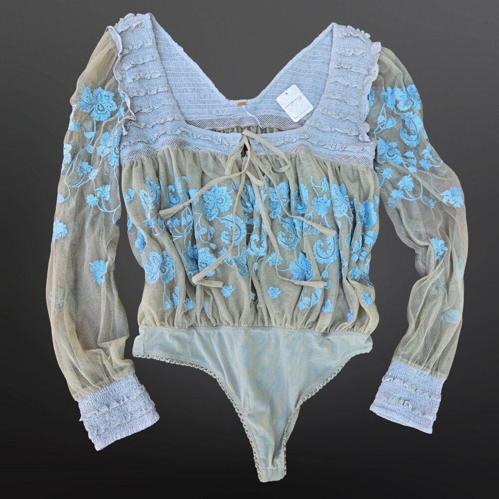Free People Blue and Gray Embroidered Bodysuit